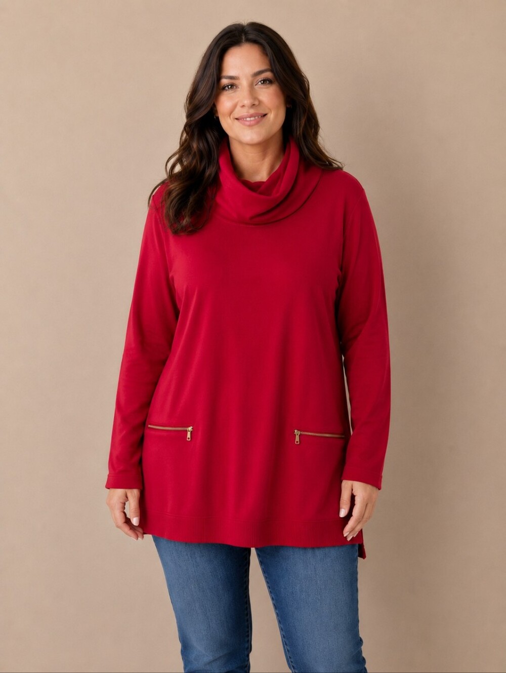JM Collection Vibrant Red Long Sleeve Top with Zipper Accents Size XXL